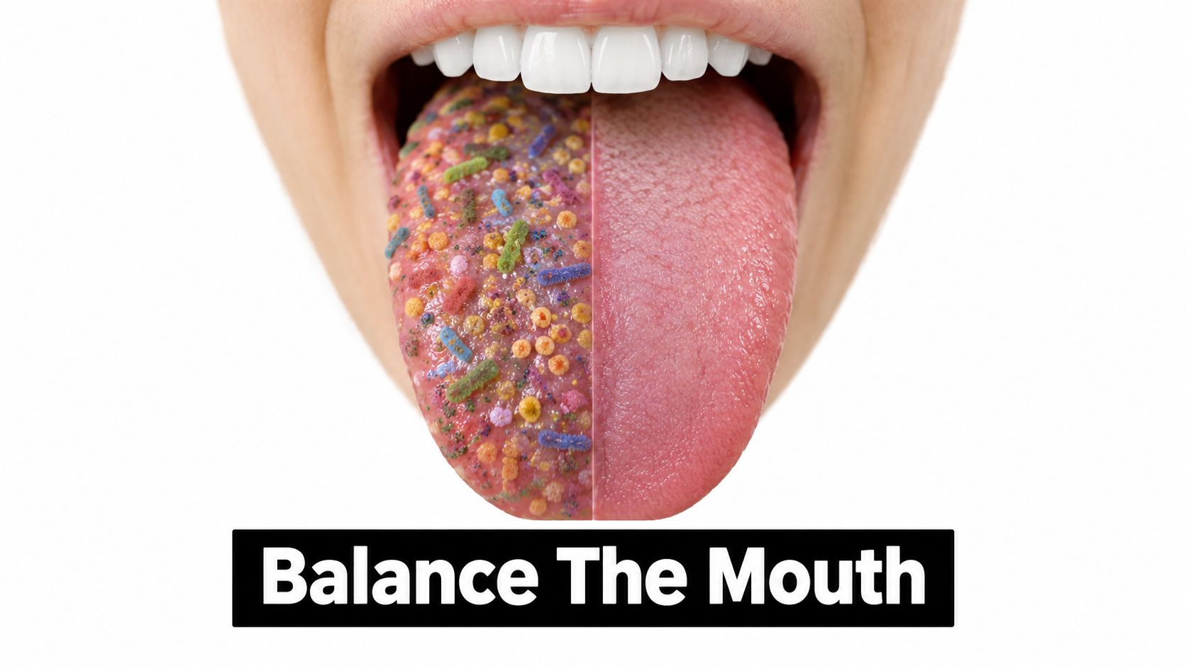 A close up of a human tongue split between a bacteria-covered side and a clean healthy side.