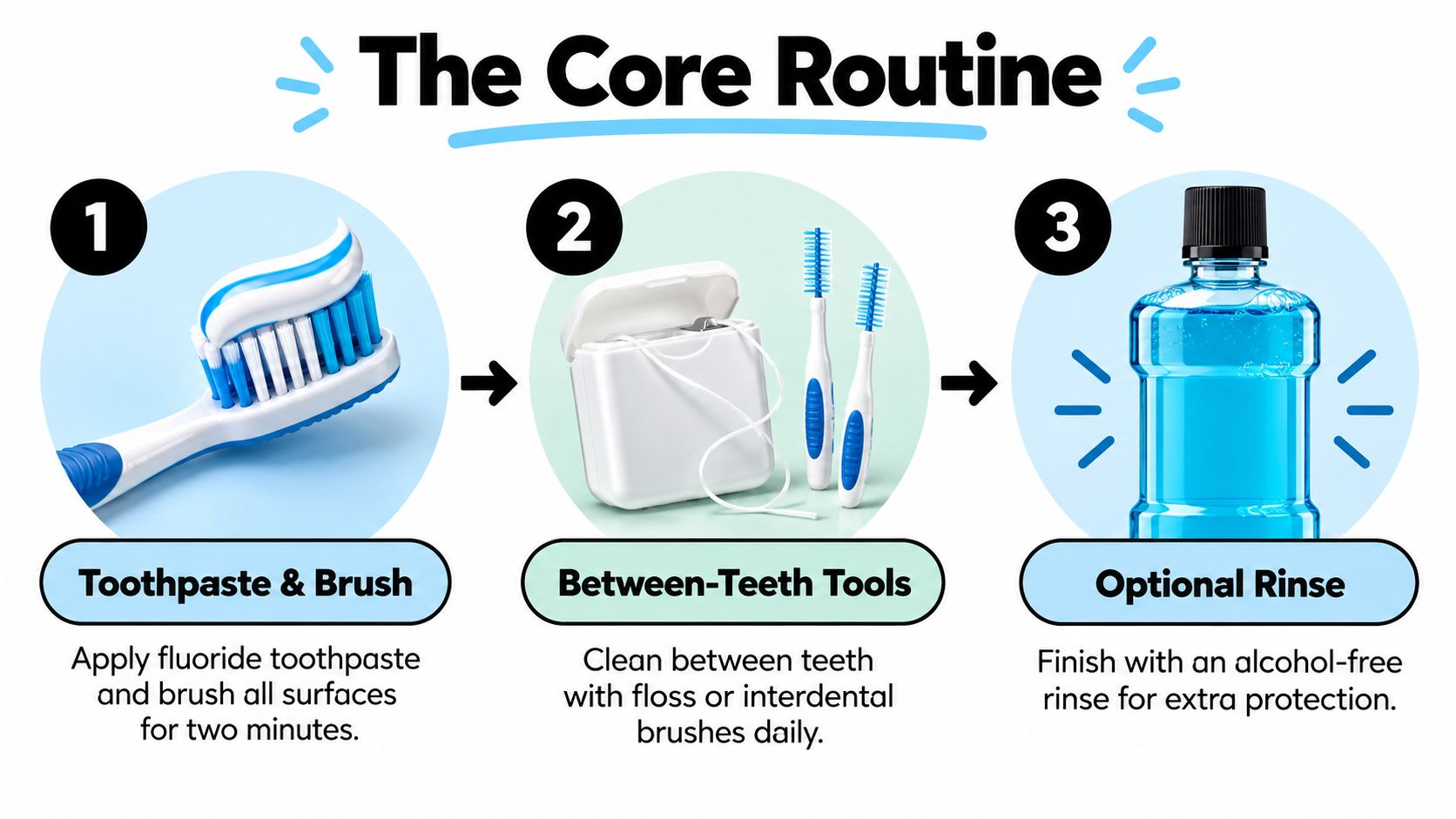 A three-step infographic showing a dental hygiene routine with a toothbrush, dental floss, and mouthwash.
