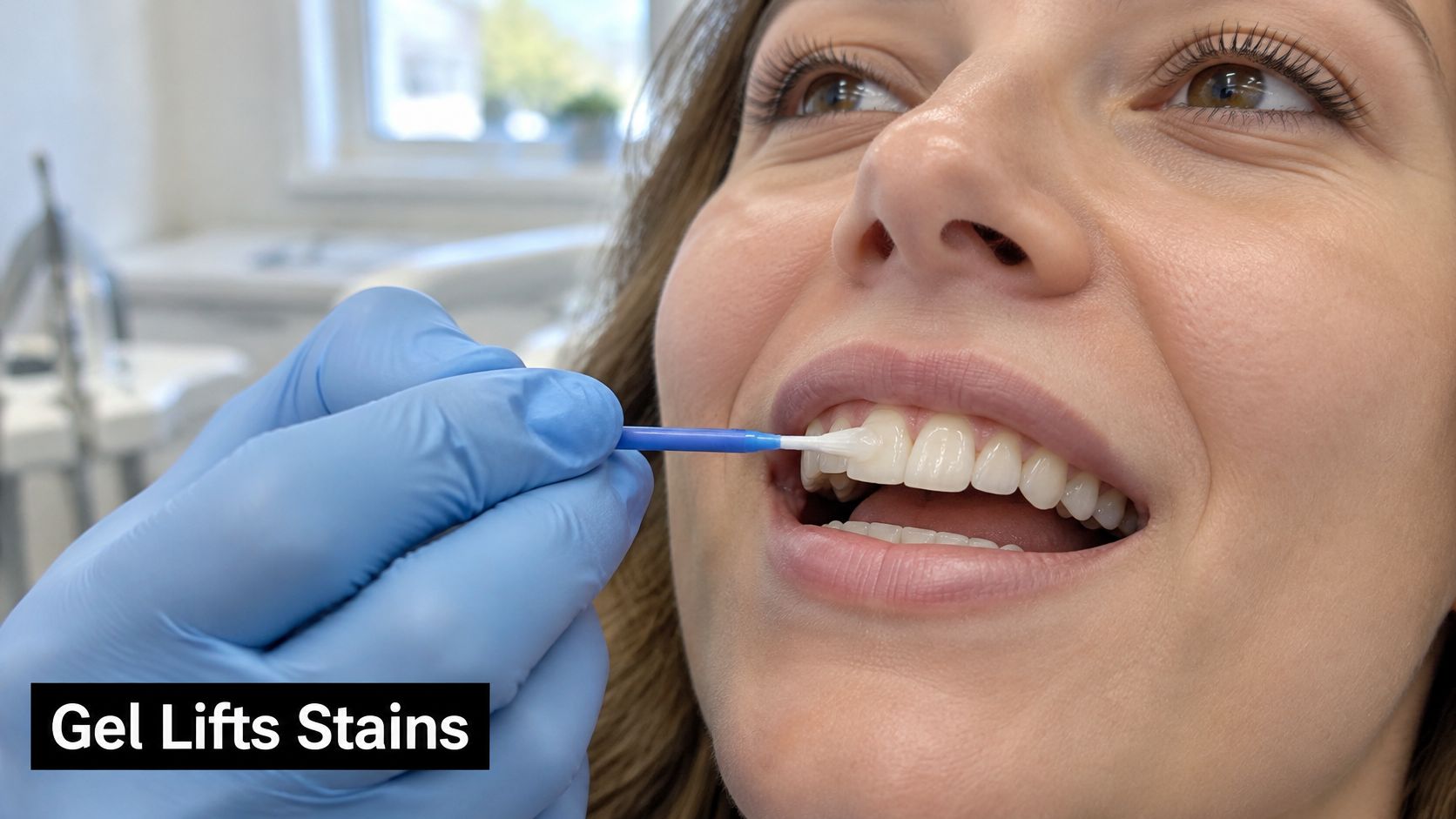 A professional dentist applies whitening gel to a patient's teeth using a small applicator tool.