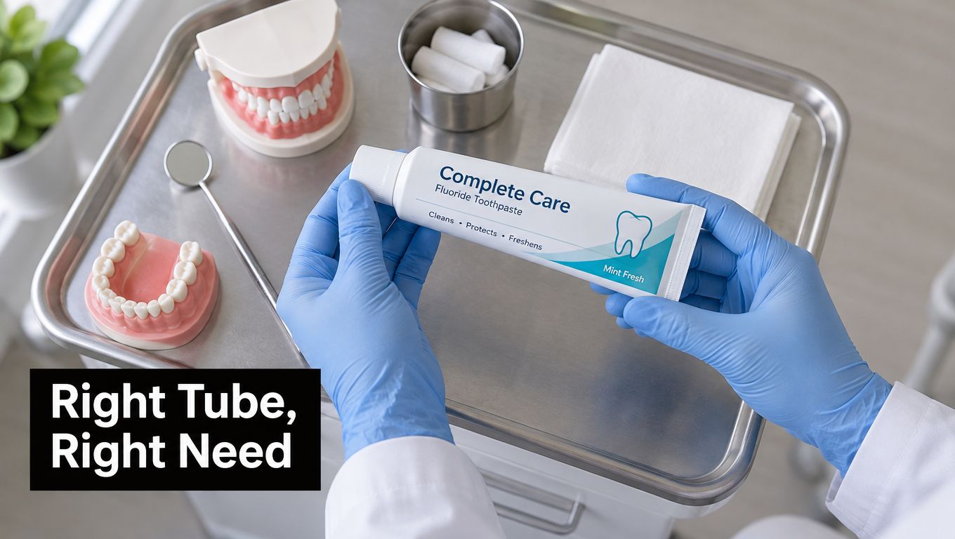 A dental professional in blue gloves holds a tube of Complete Care toothpaste above a medical tray.