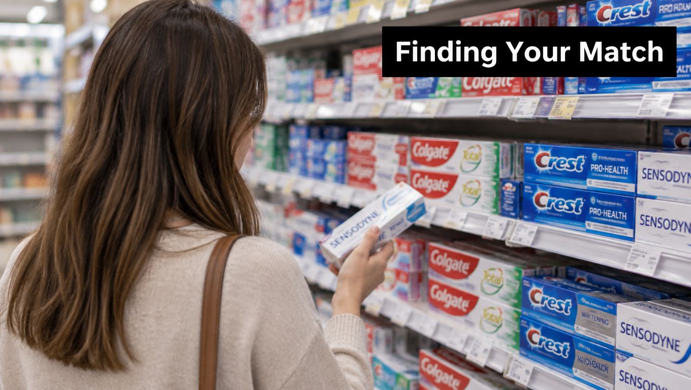 A woman shopping for toothpaste in a grocery store aisle, holding a box of Sensodyne product.