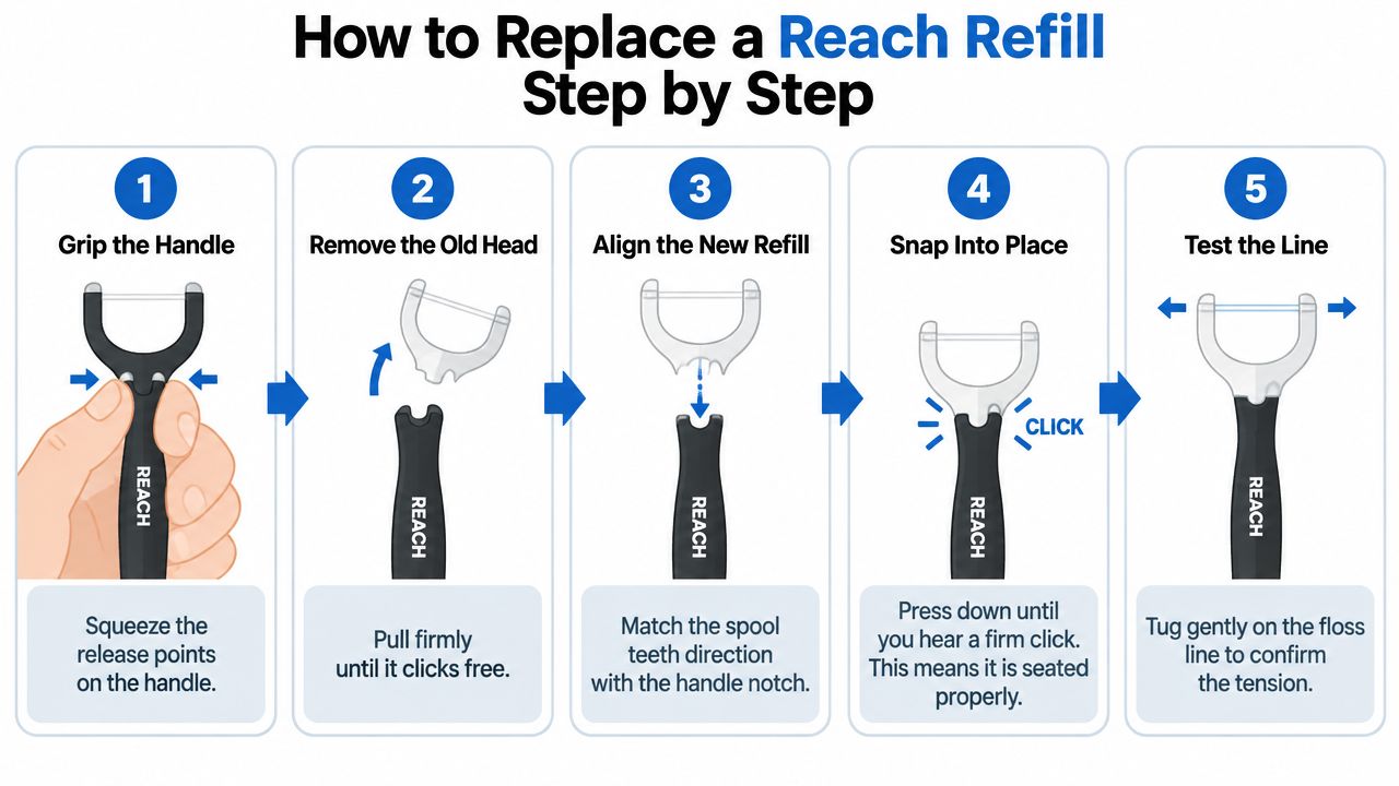 A five-step instructional guide on how to replace the head on a Reach brand dental flosser.