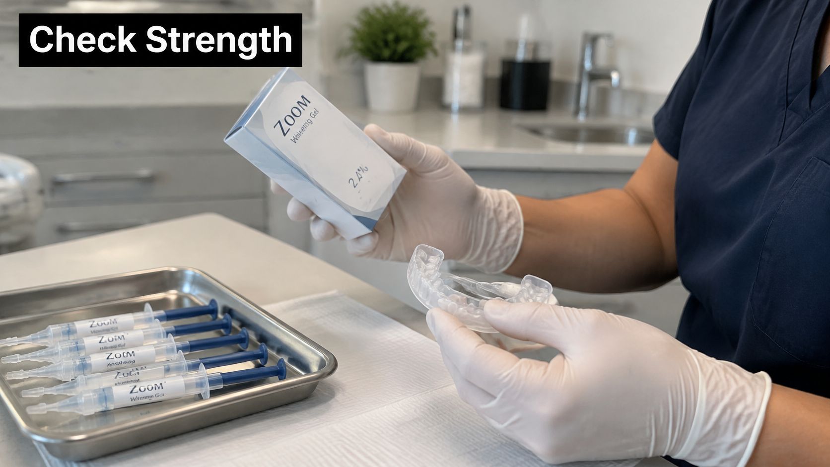 A dental professional holding a box of 24% Zoom whitening gel and a clear dental bleaching tray.