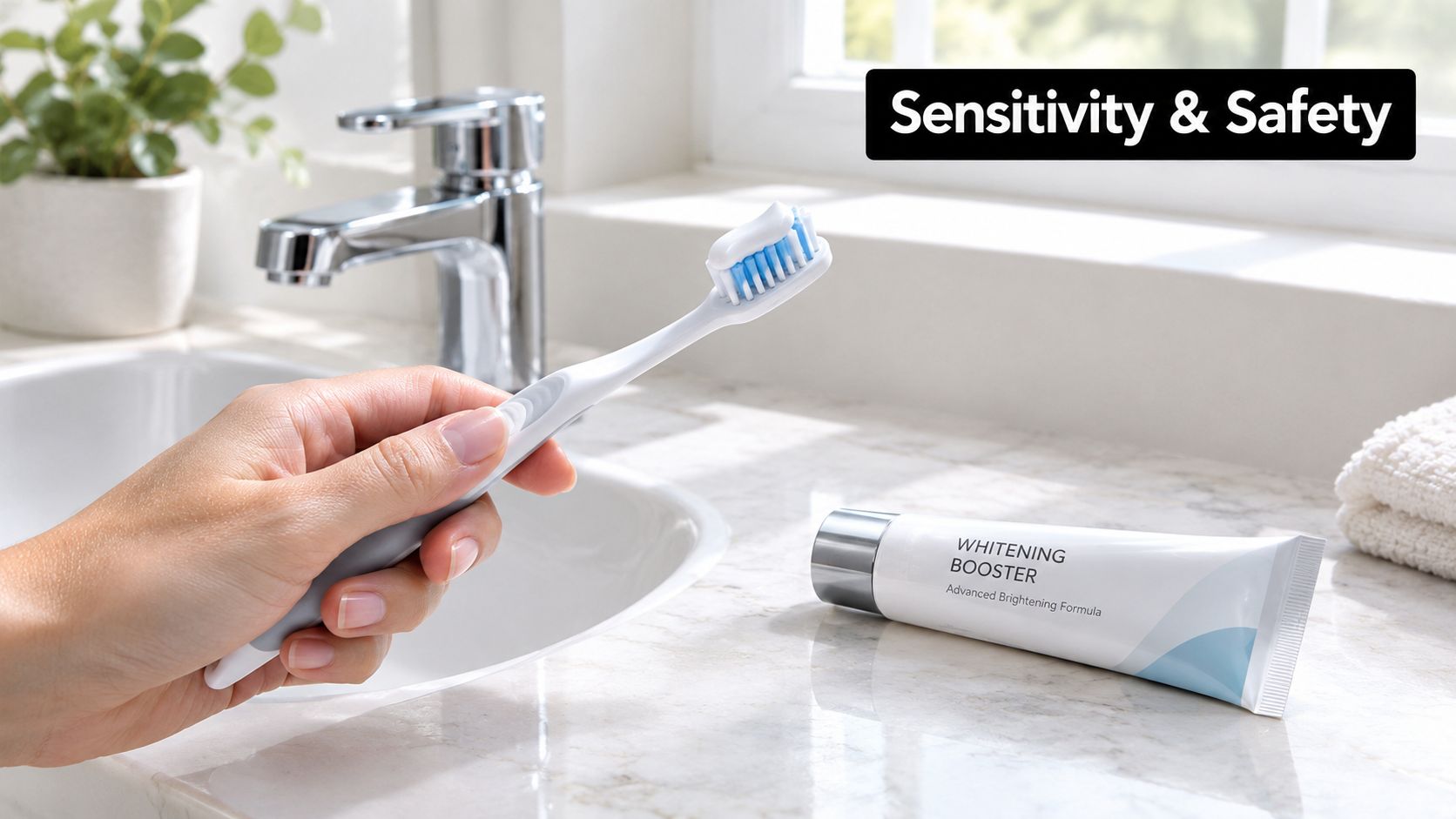 A hand holds a toothbrush with toothpaste next to a tube of whitening booster on a counter.