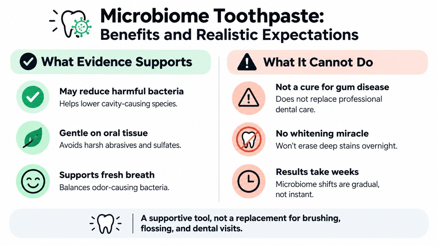 An infographic detailing the benefits and realistic expectations of using microbiome-friendly toothpaste for dental care.
