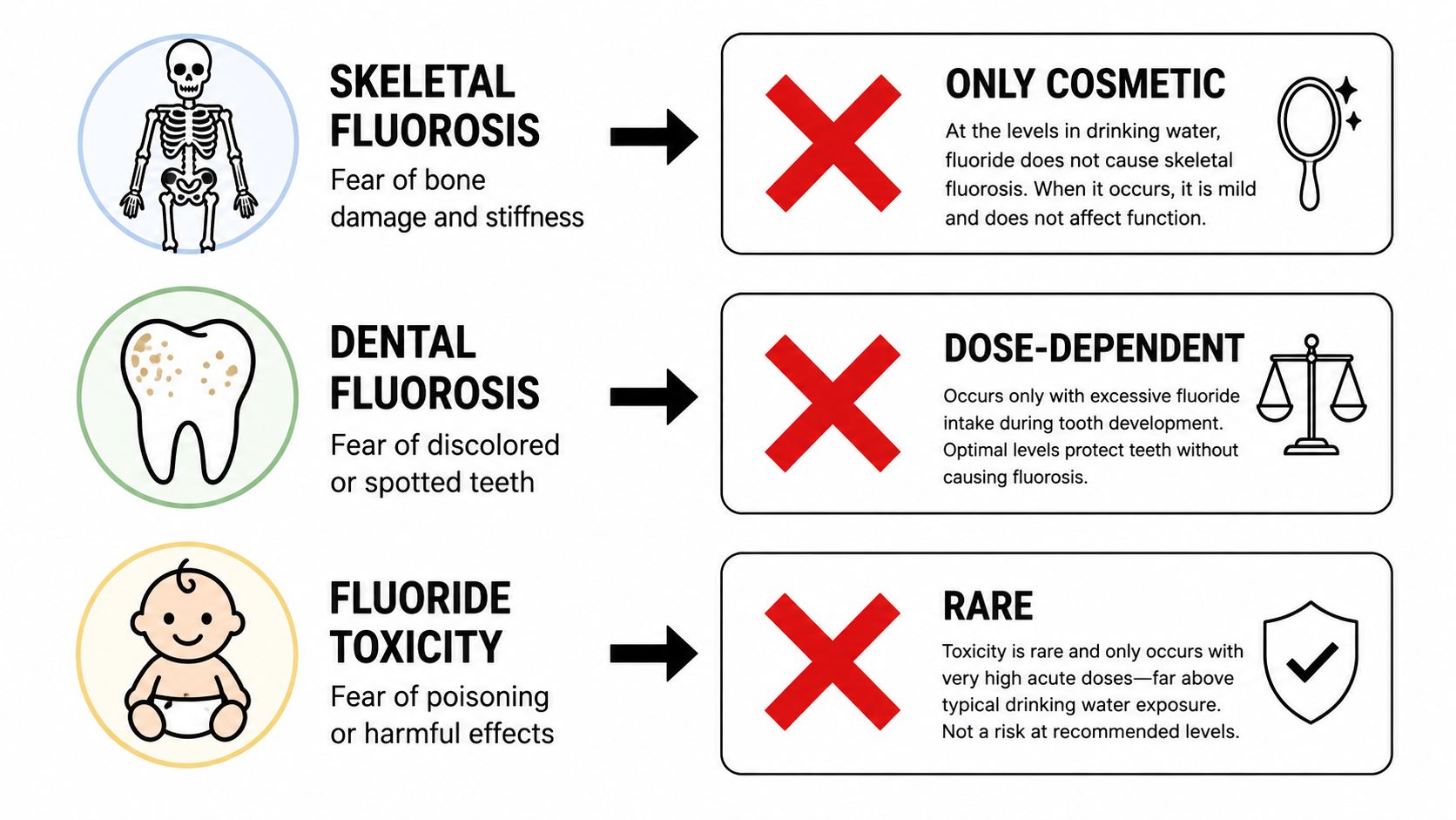 An infographic addressing common fears regarding fluoride, explaining skeletal fluorosis, dental fluorosis, and fluoride toxicity myths.