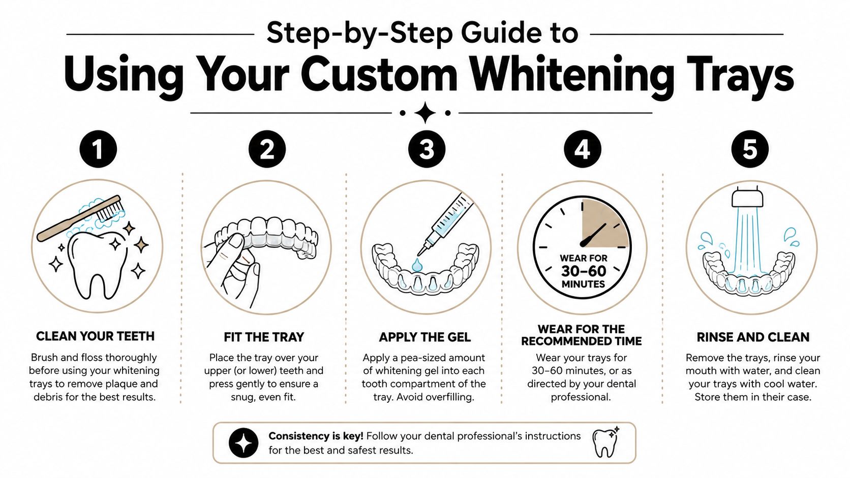 A step-by-step guide on how to use custom whitening trays for effective and safe teeth whitening.