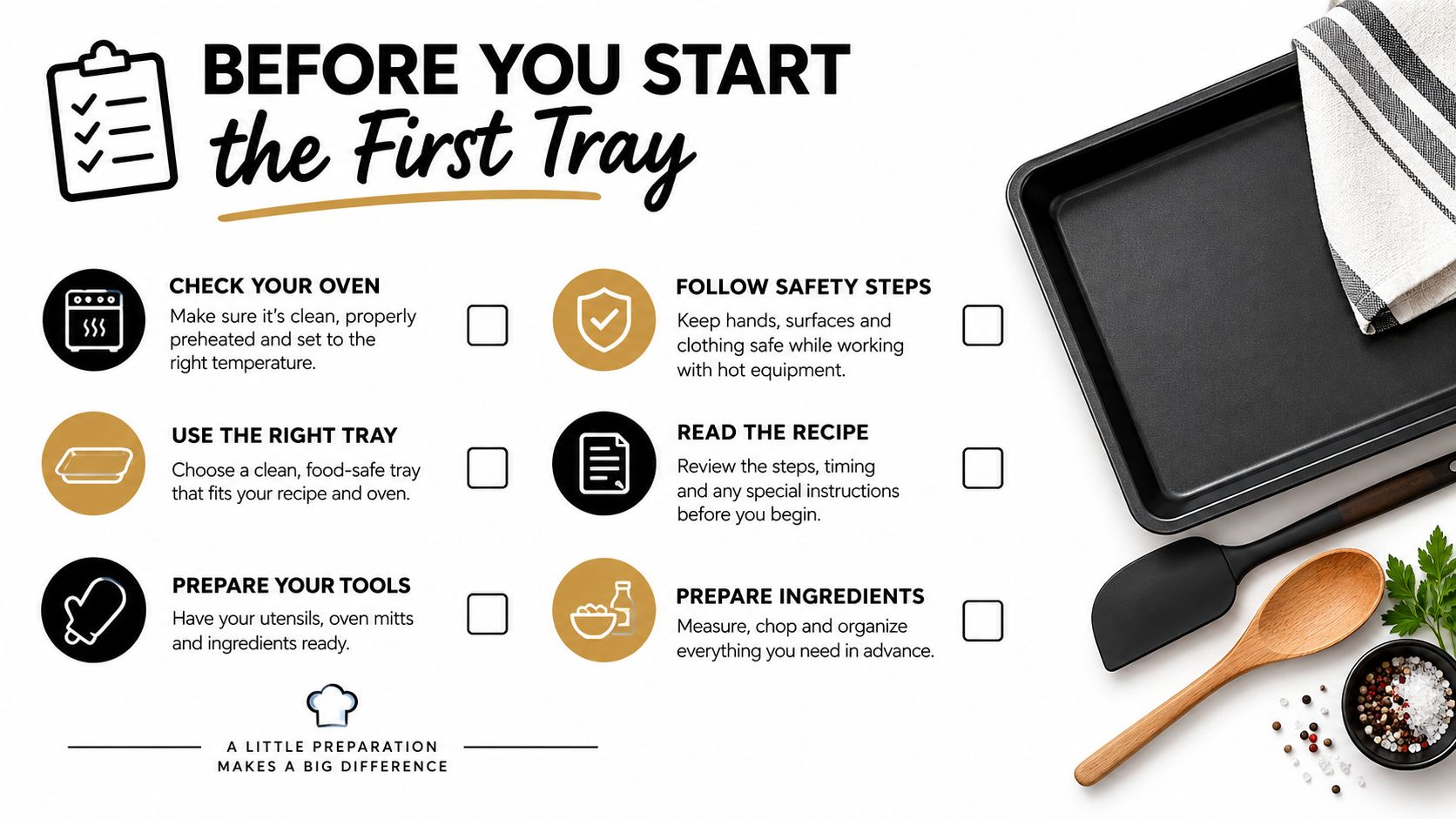 A cooking preparation checklist graphic with tips on oven safety, recipe reading, and organizing kitchen tools and ingredients.