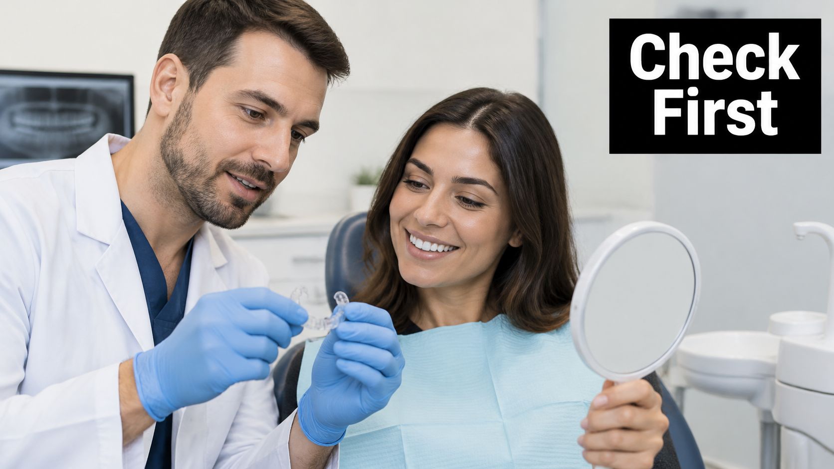 A dentist shows a clear teeth aligner to a patient holding a mirror in a dental office.