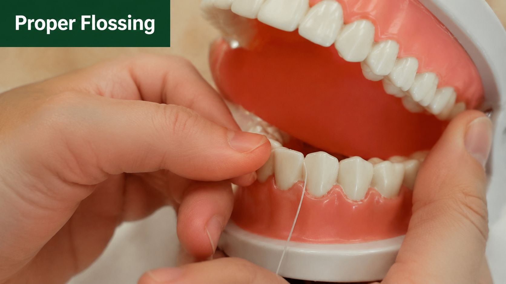 A close-up view of hands demonstrating the proper flossing technique on a model of human teeth.