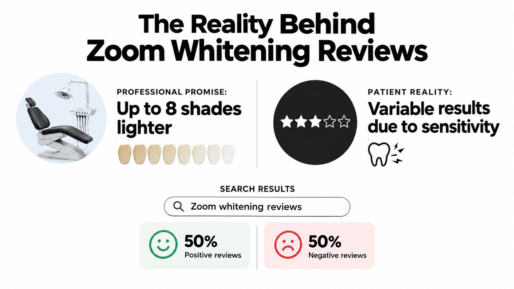 An infographic showing mixed consumer feedback on Zoom professional teeth whitening compared to its advertised benefits.