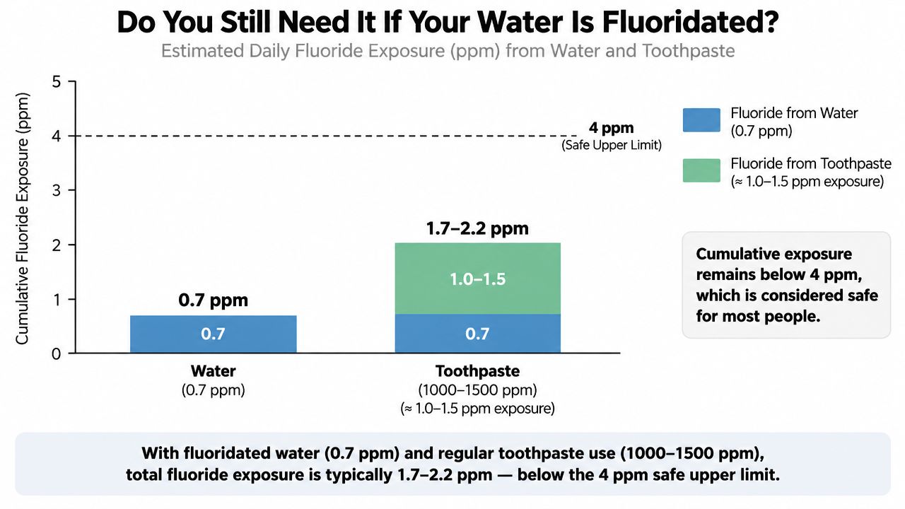 A bar chart comparing daily fluoride exposure from water versus combined water and toothpaste usage levels.