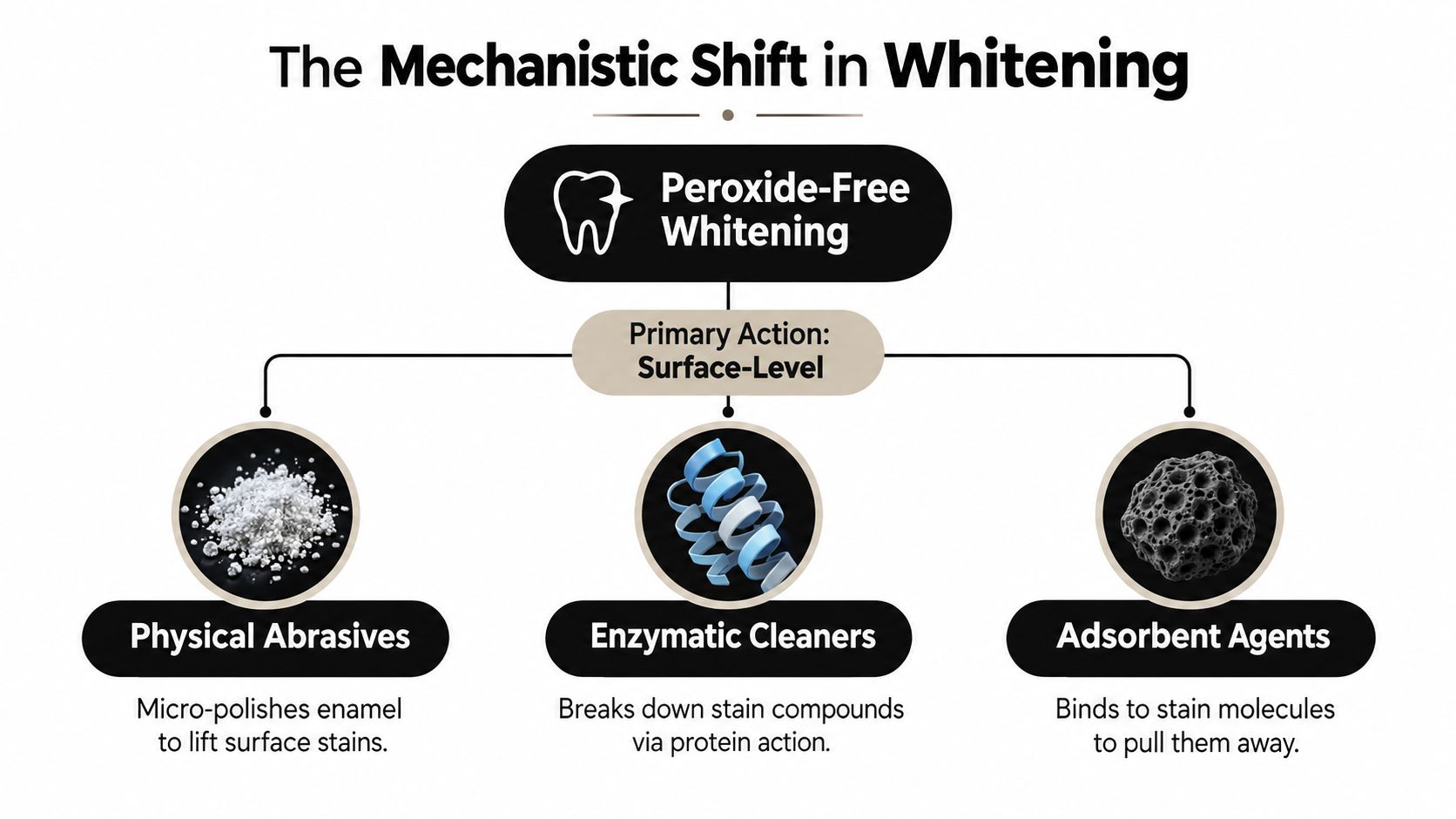 An infographic explaining the mechanism of peroxide-free teeth whitening through physical abrasives, enzymatic cleaners, and adsorbent agents.