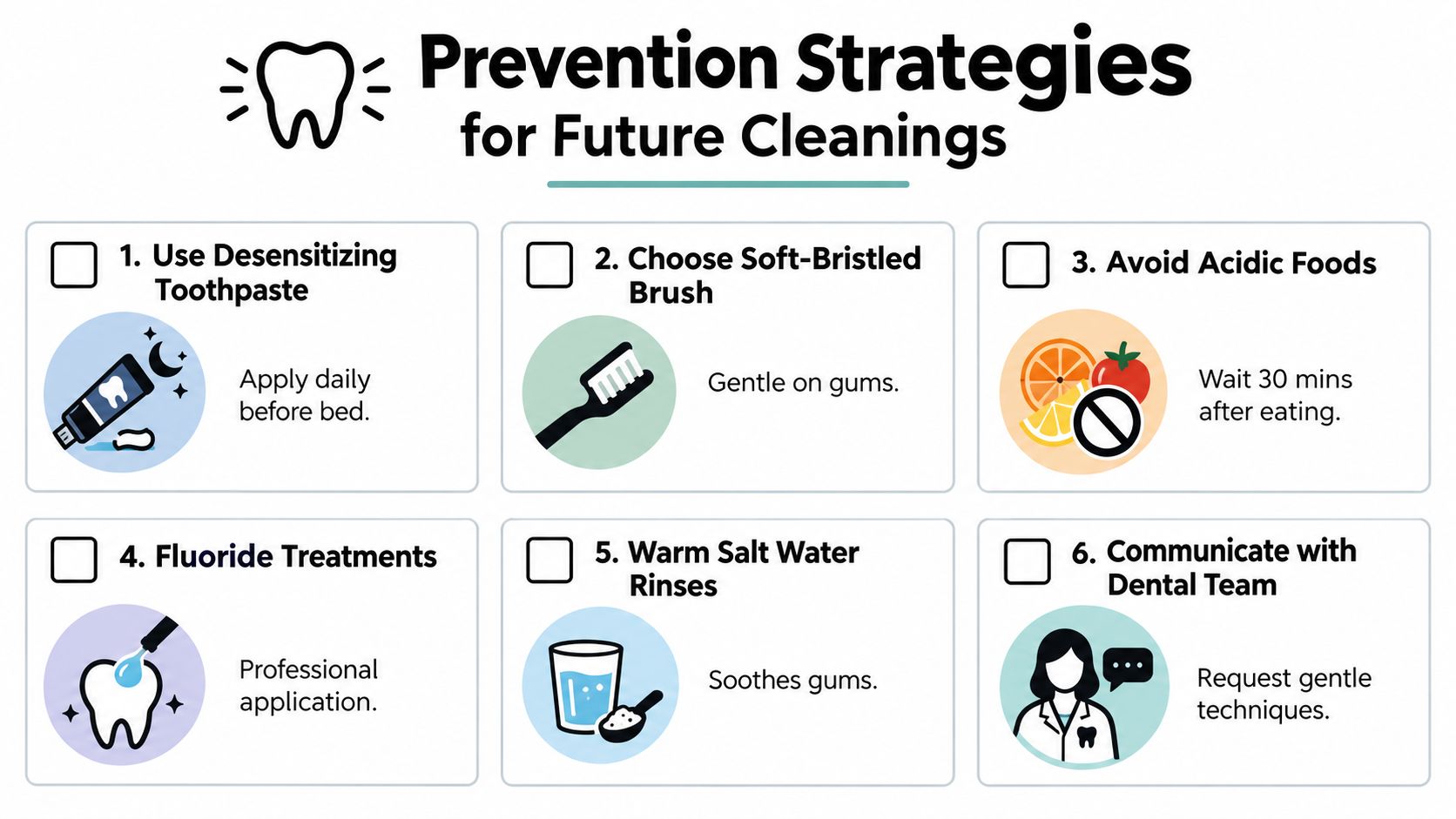 An infographic titled Prevention Strategies for Future Cleanings, displaying six tips for managing dental sensitivity.