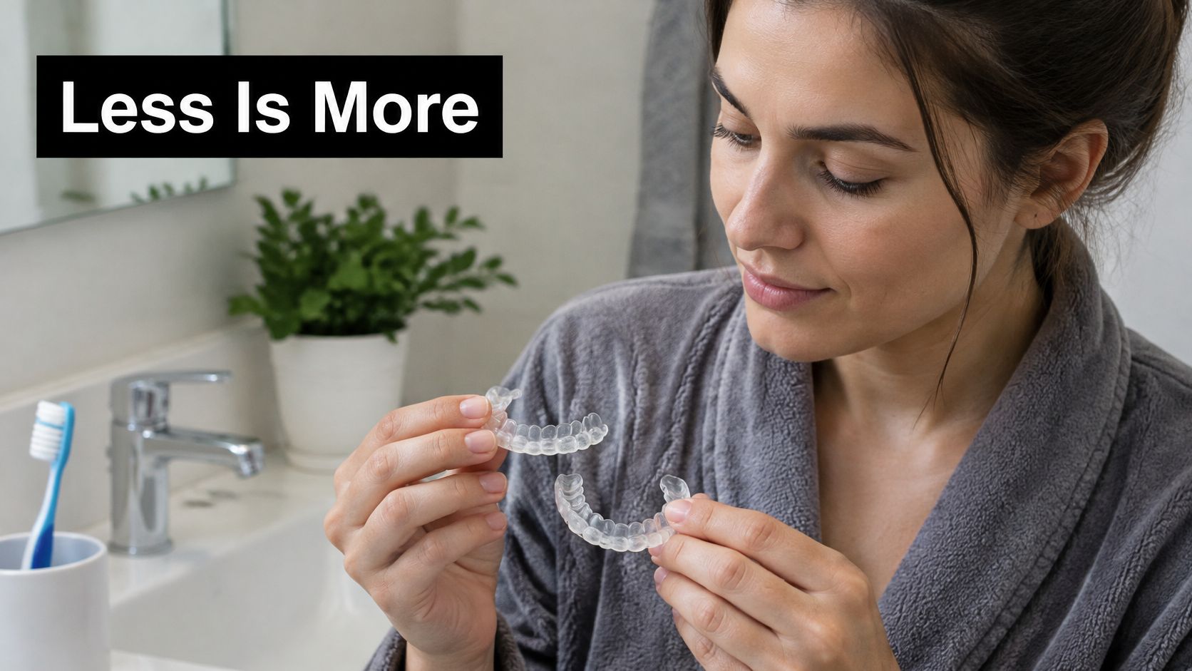 A woman holding clear dental aligner trays in front of a bathroom sink with a toothbrush.