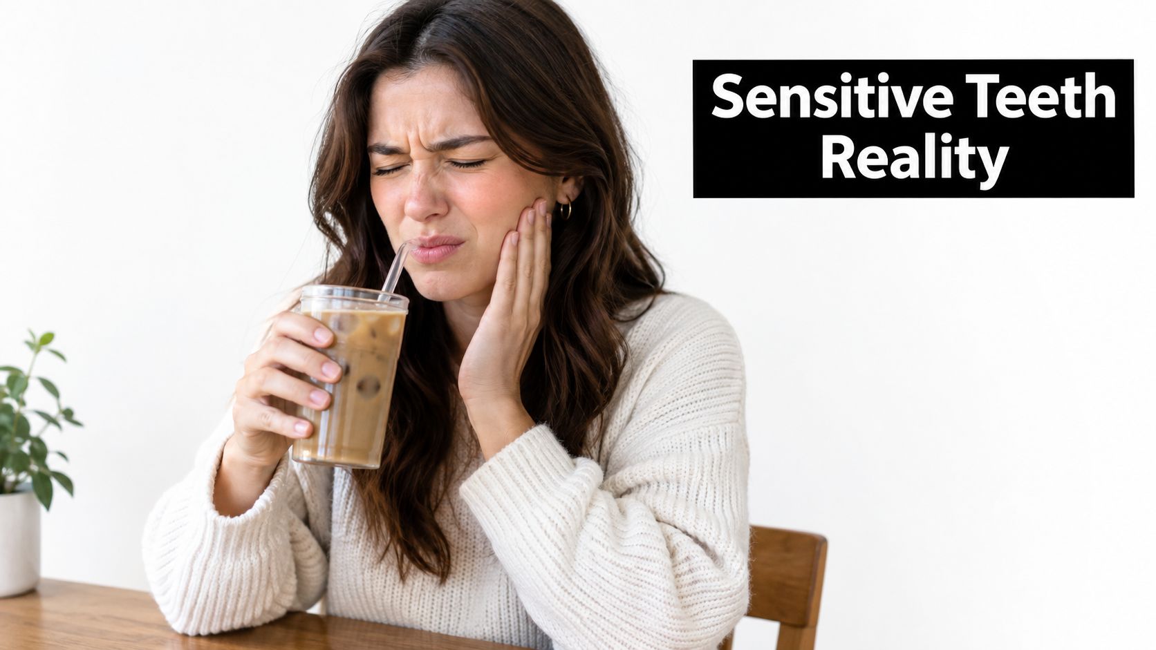A young woman wincing in pain from sensitive teeth while drinking a cold iced coffee beverage.