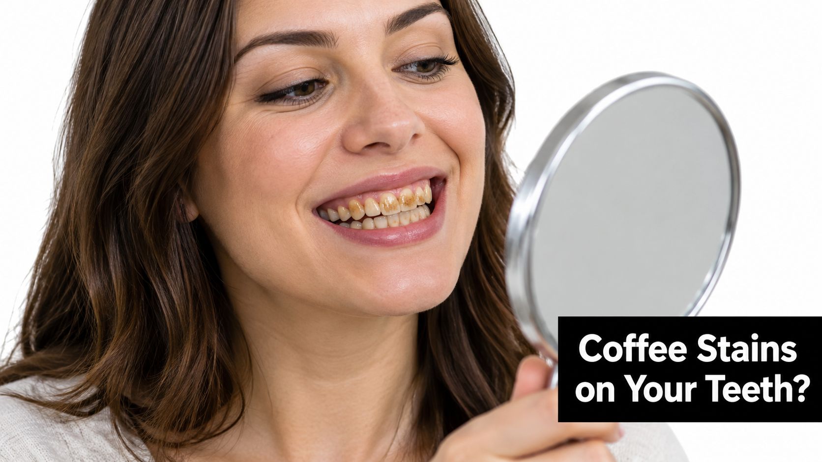 A smiling woman holding a handheld mirror examining coffee stains on her teeth in a studio shot.