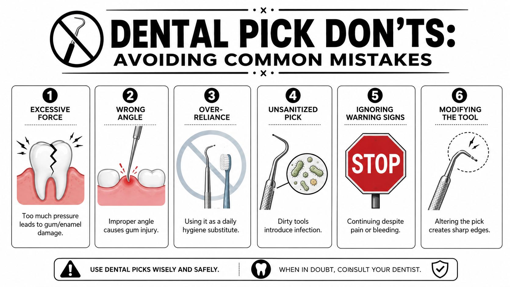 An infographic illustrating six common mistakes to avoid when using a dental pick for oral care.