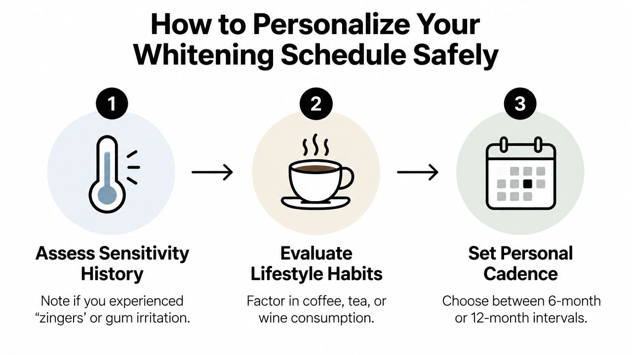 A three-step infographic showing how to safely personalize a dental whitening schedule based on individual needs.