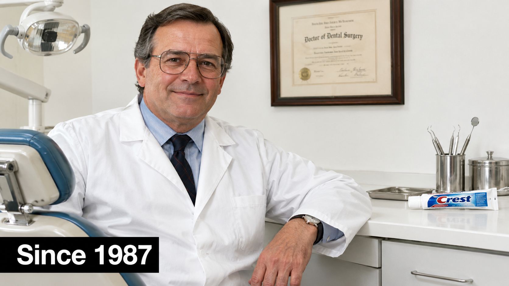 A professional dentist in a white lab coat sitting in his office next to Crest toothpaste.