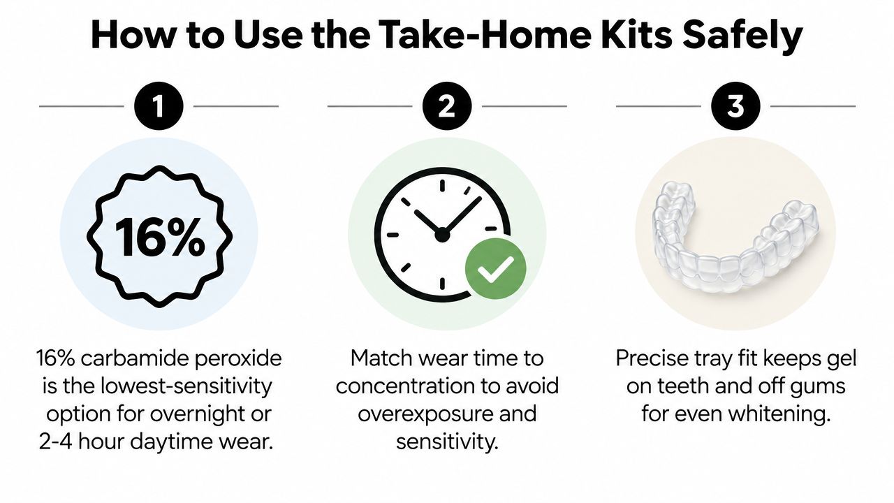 A three-step infographic on safely using Lumi Brite teeth whitening kits with concentration, time, and tray fit.