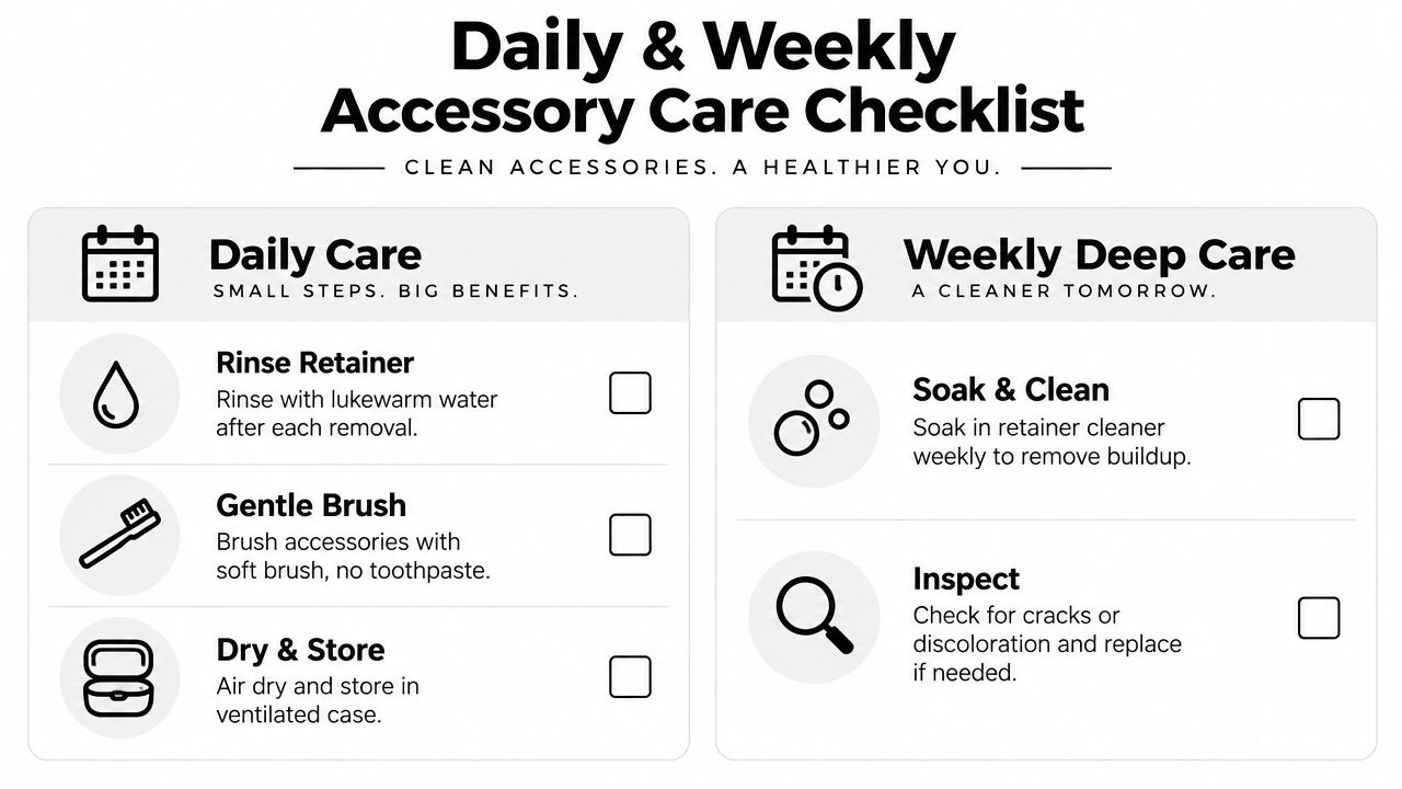 A checklist chart titled Daily and Weekly Accessory Care for cleaning and maintaining dental retainers properly.