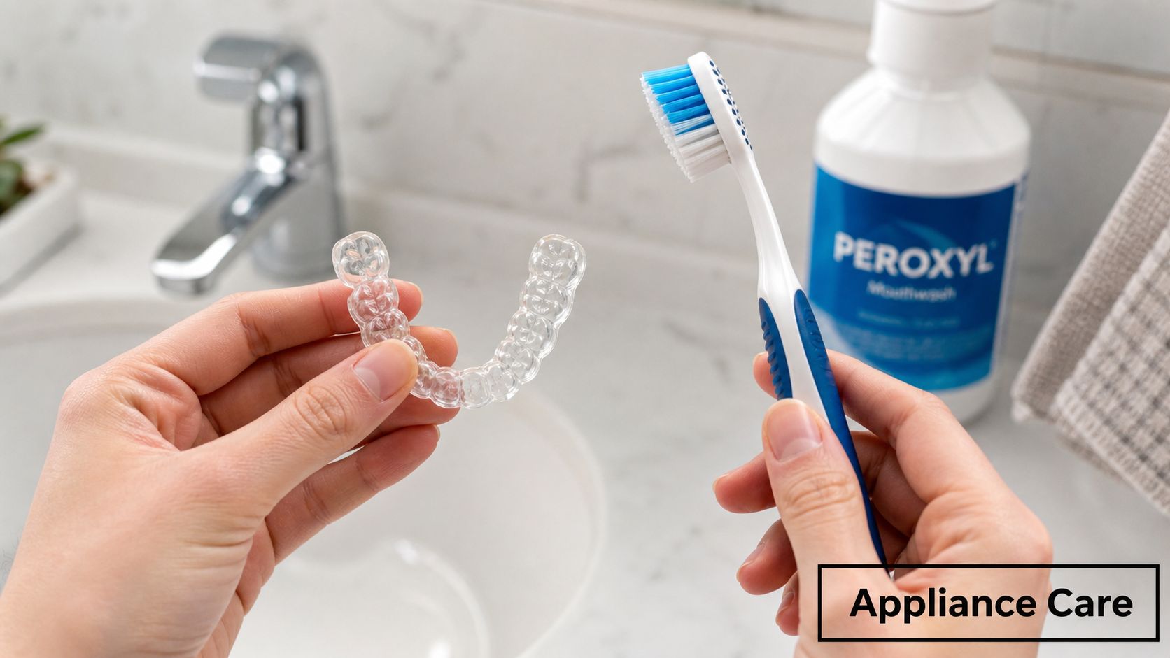 A person holding a clear dental aligner and a toothbrush near a bottle of Peroxyl mouthwash.