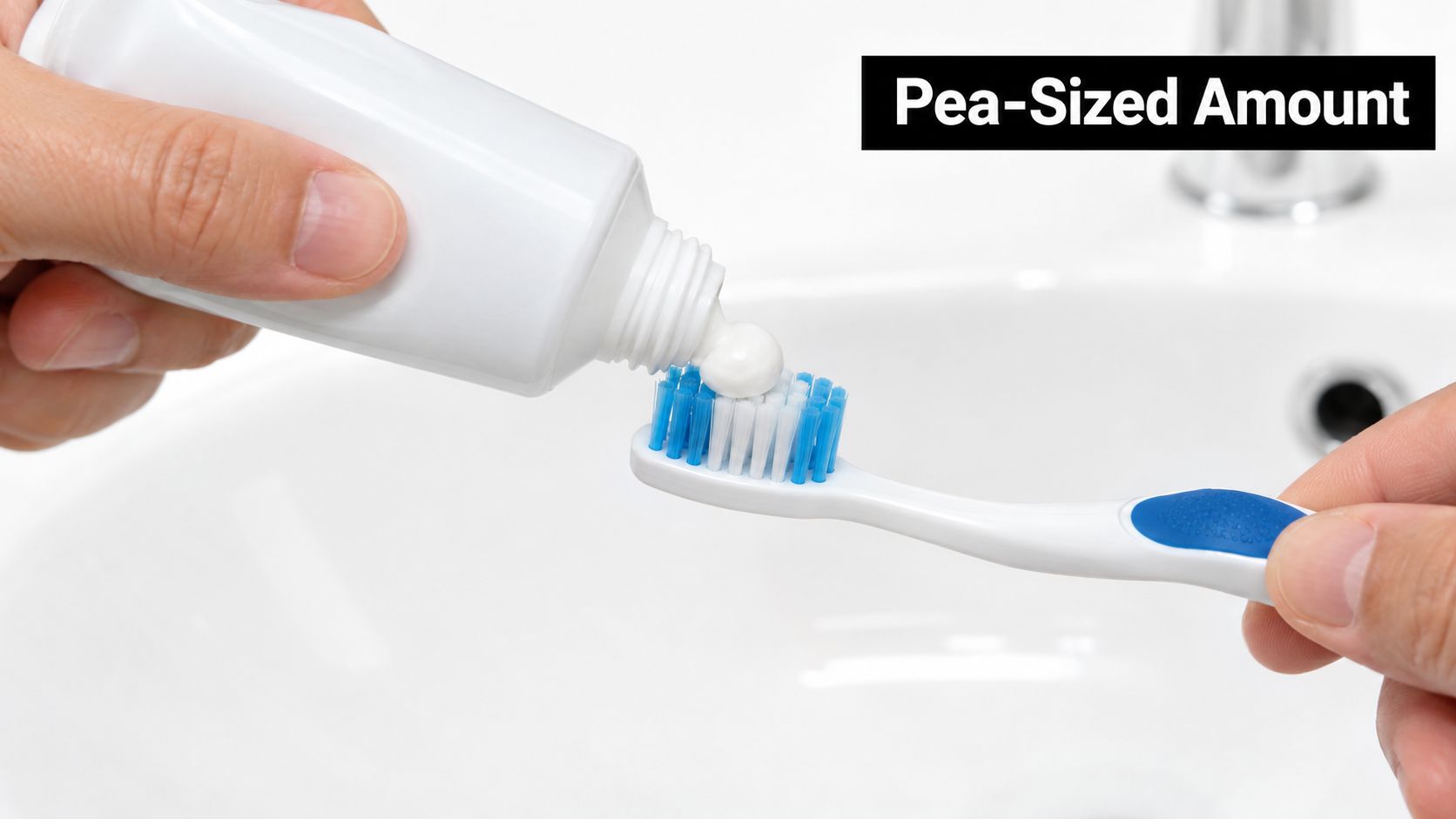 A hand squeezes a pea-sized amount of white toothpaste onto a toothbrush over a bathroom sink.