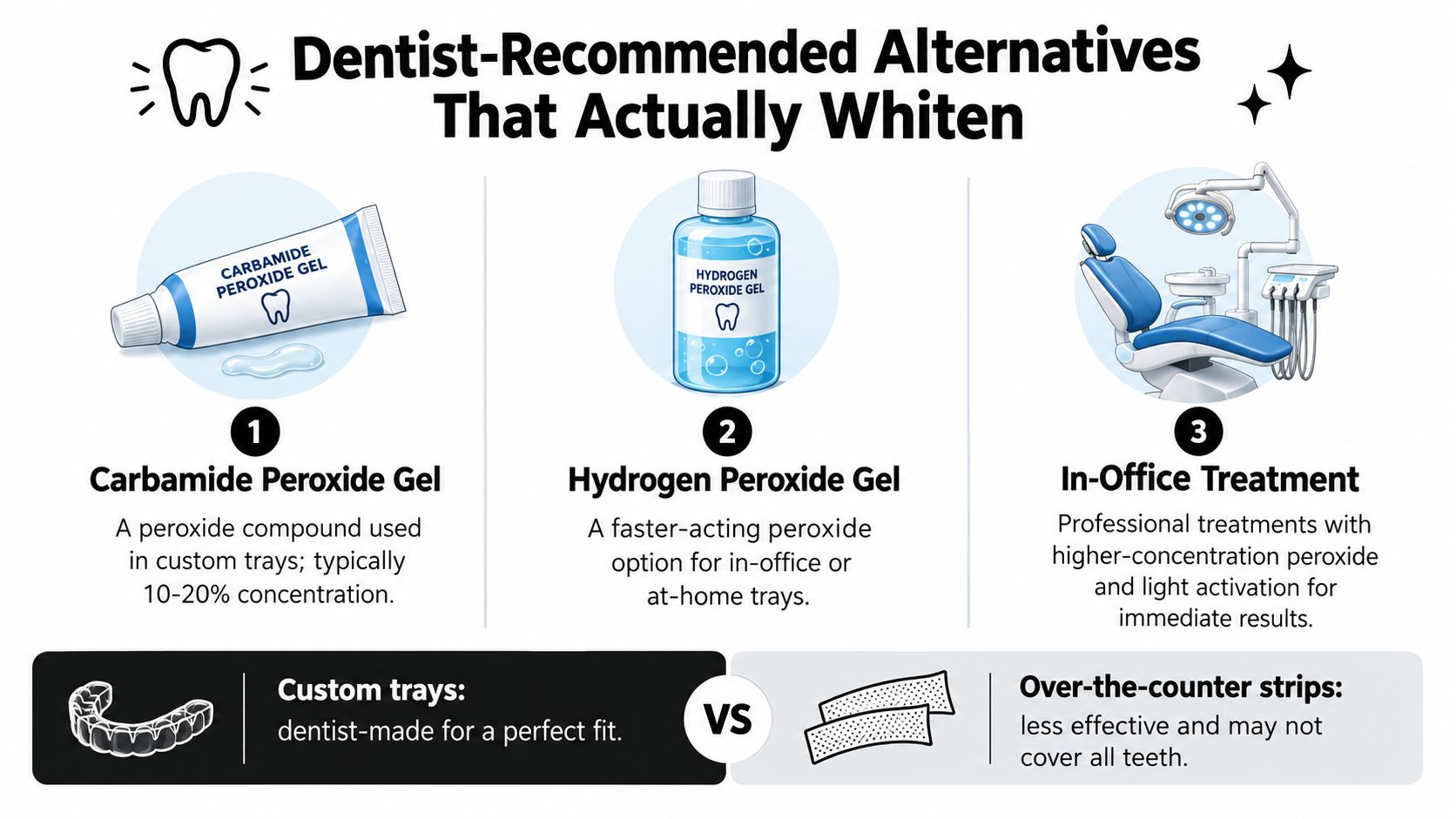 An infographic showing dentist-recommended teeth whitening methods including carbamide peroxide gel, hydrogen peroxide gel, and professional treatments.
