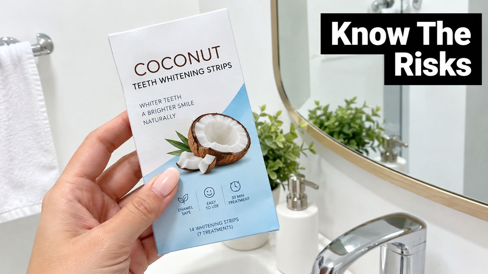 A hand holding a box of coconut teeth whitening strips inside a bright, modern bathroom setting.
