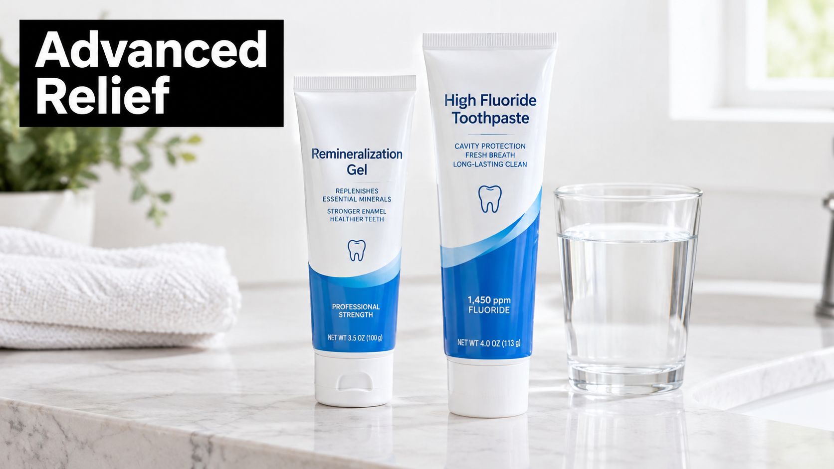 A remineralization gel and high fluoride toothpaste set standing on a marble bathroom counter with a glass.