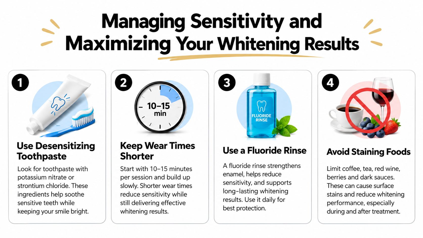 An infographic titled Managing Sensitivity and Maximizing Your Whitening Results with four tips for dental care.