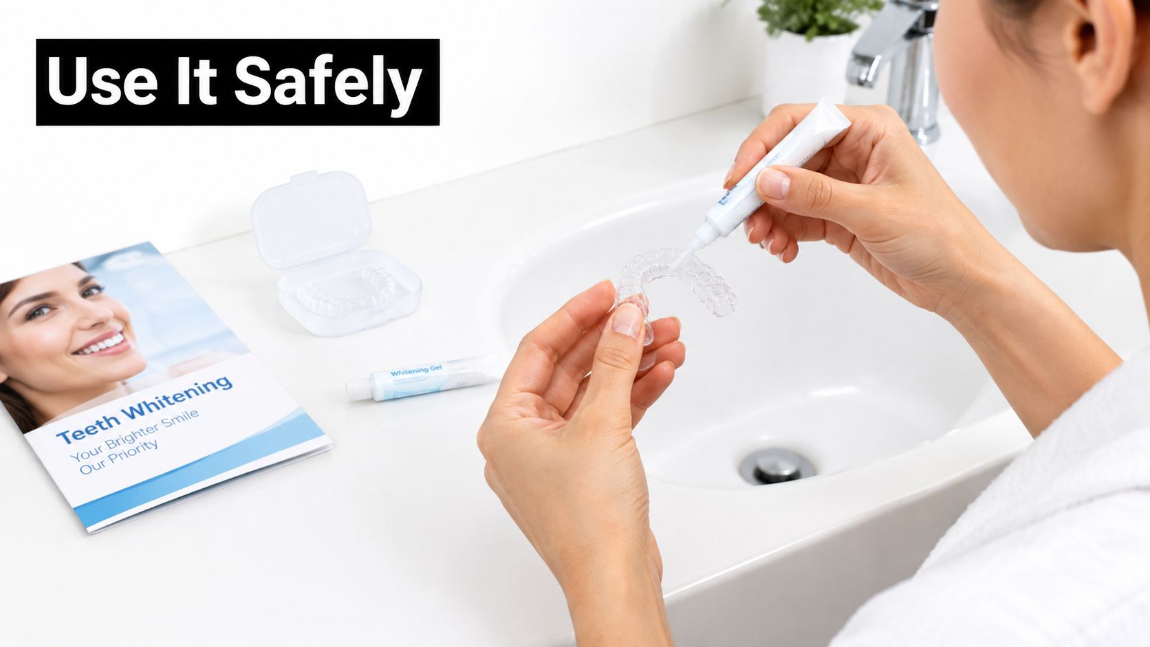 A person applying whitening gel into a clear dental tray for at-home teeth whitening treatment.