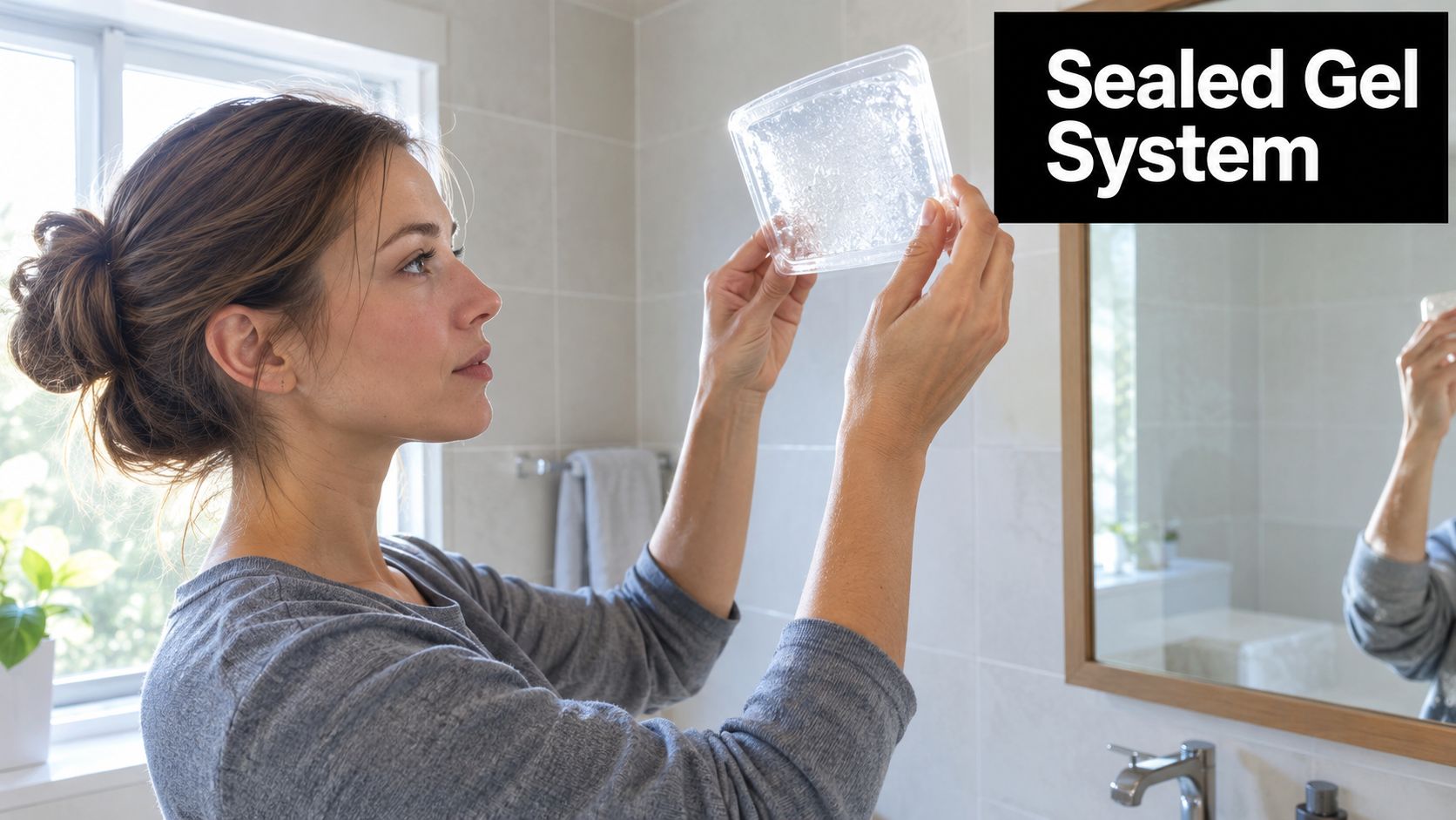 A woman inspecting a clear, sealed gel tray in a bright bathroom setting.