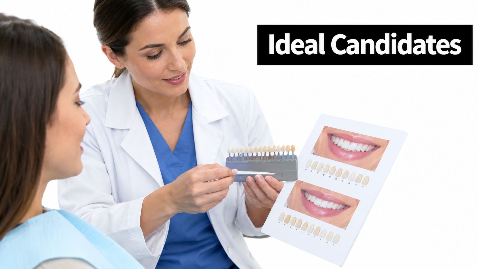 A female dentist consulting with a patient using a professional tooth shade guide for teeth whitening.