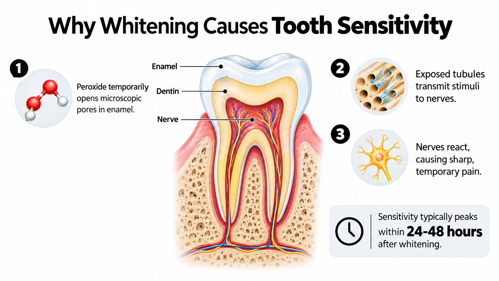 A diagram explaining why teeth whitening can cause sensitivity by exposing nerve tubules in the dentin layer.