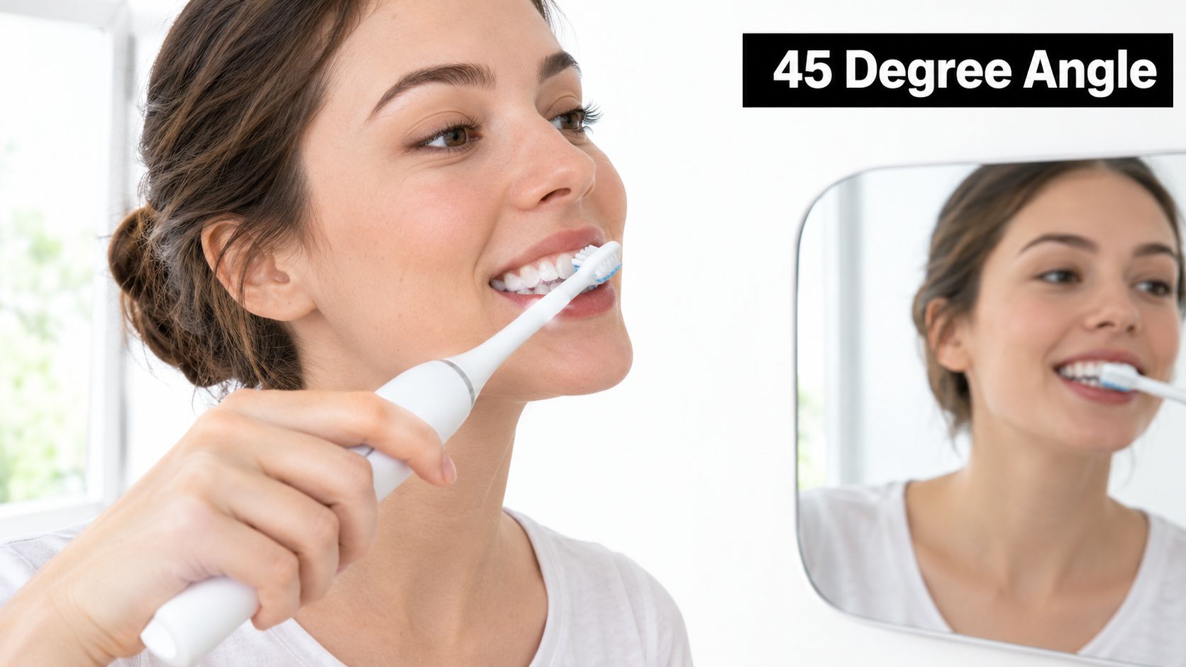 A woman brushing her teeth with an electric toothbrush at a 45-degree angle in front of a mirror.