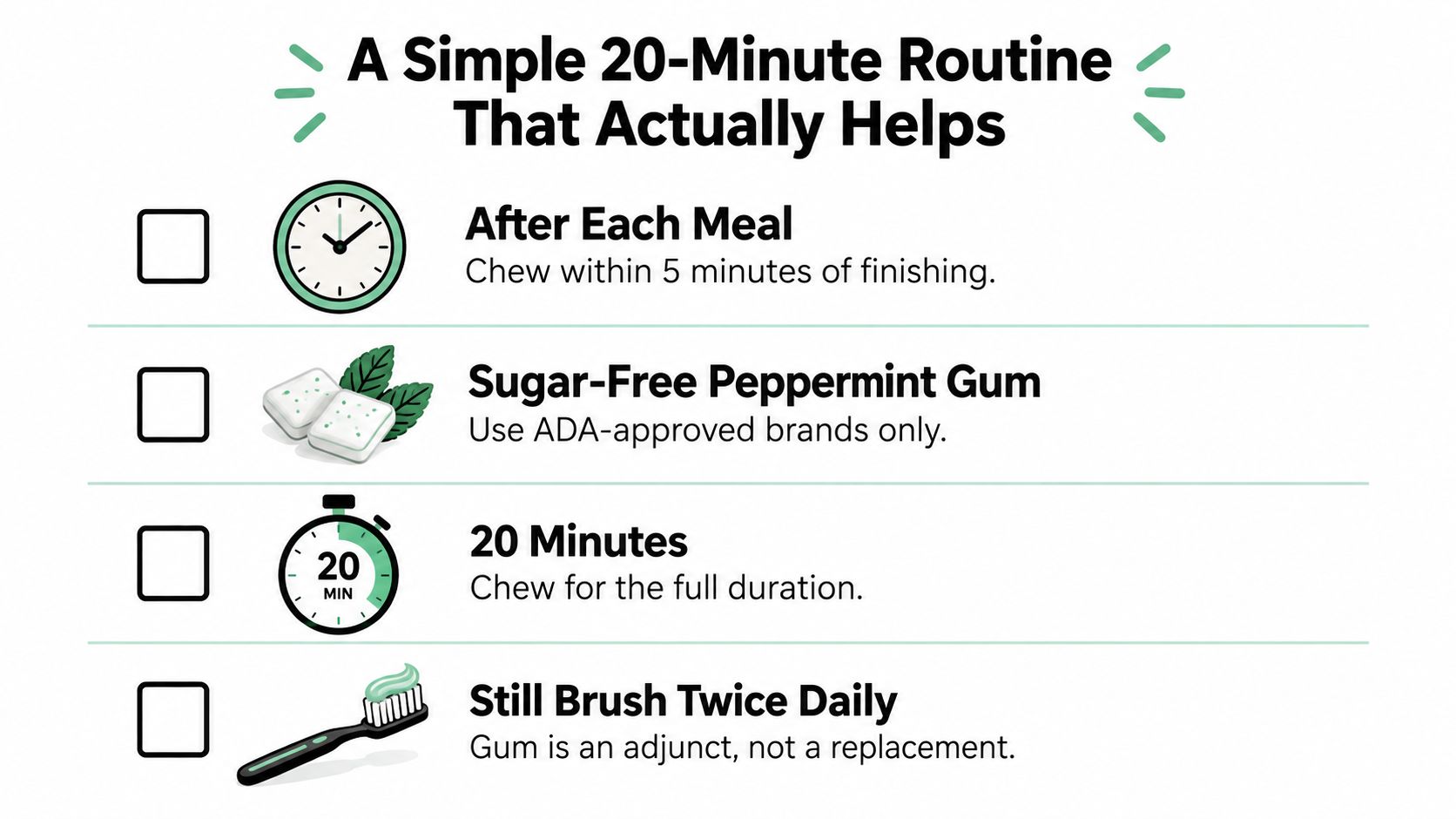 An infographic titled A Simple 20-Minute Routine listing four essential steps for effective gum chewing dental habits.