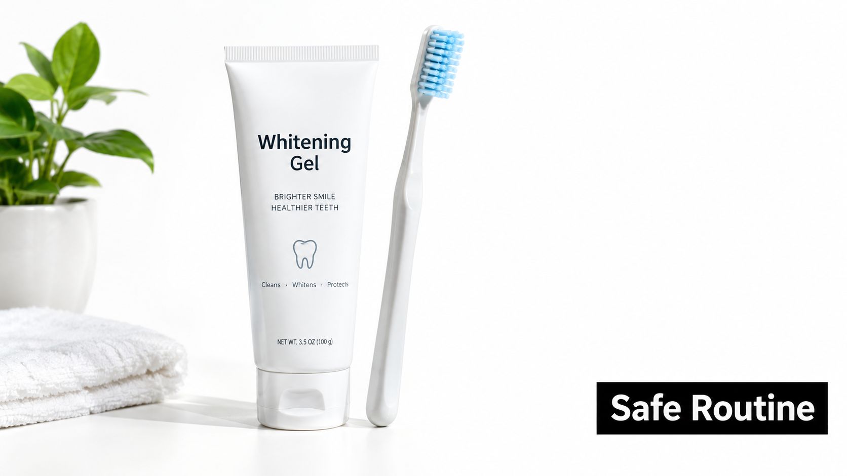 A tube of whitening gel and a toothbrush next to a plant and towel on white.