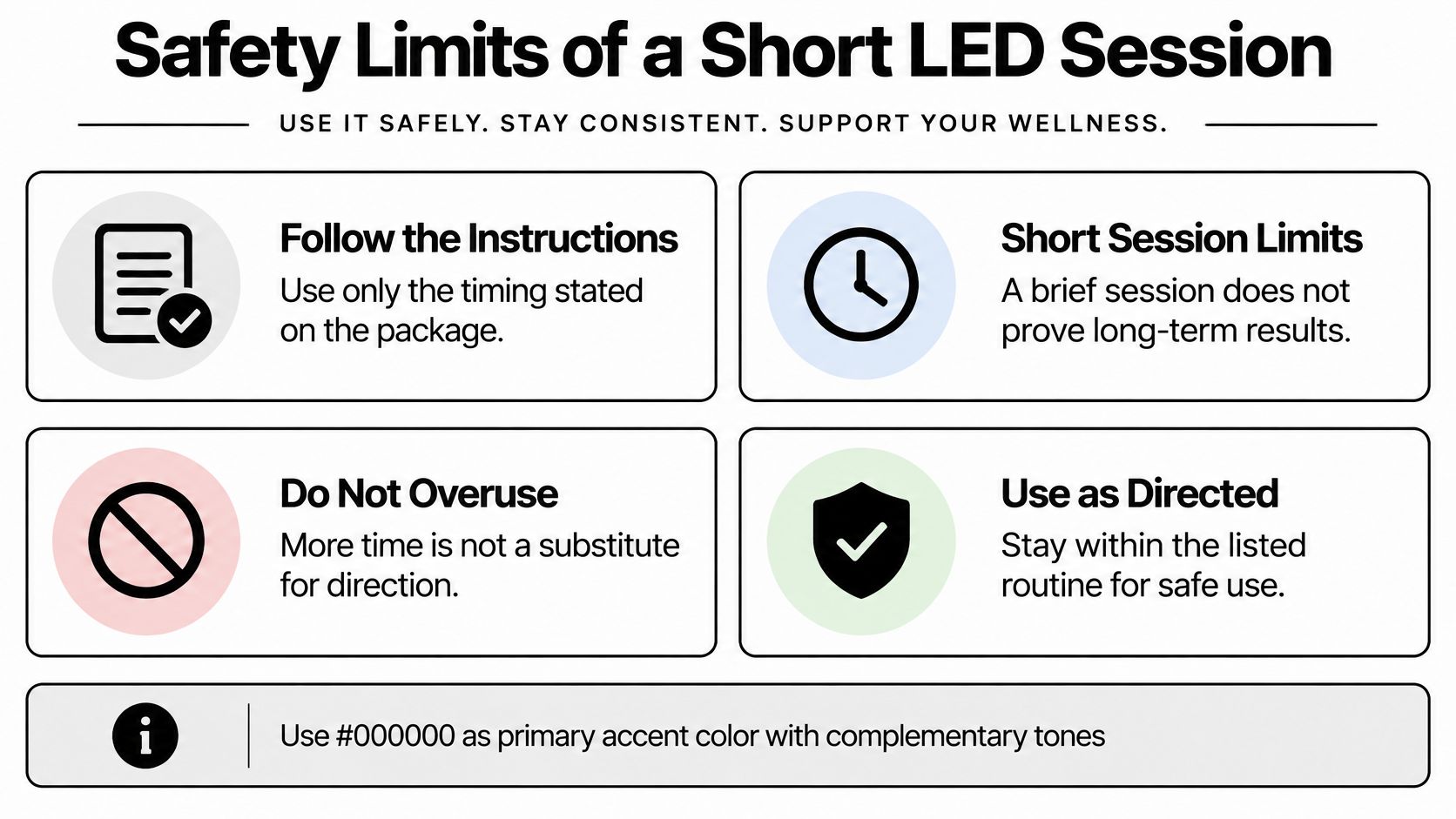 An infographic titled Safety Limits of a Short LED Session, outlining four key guidelines for safe product use.