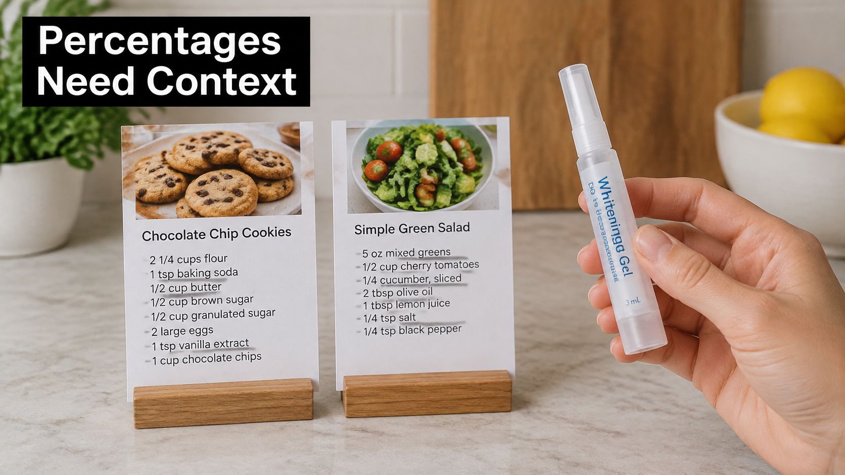 A hand holding a whitening gel pen next to recipe cards for chocolate chip cookies and salad.