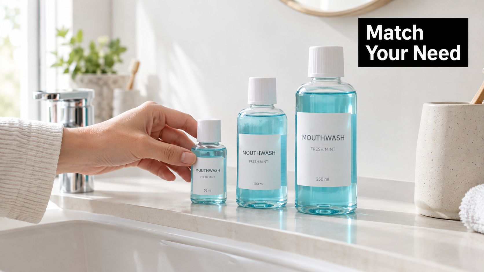 A hand reaching for a small bottle of mouthwash next to larger ones on a bathroom counter.