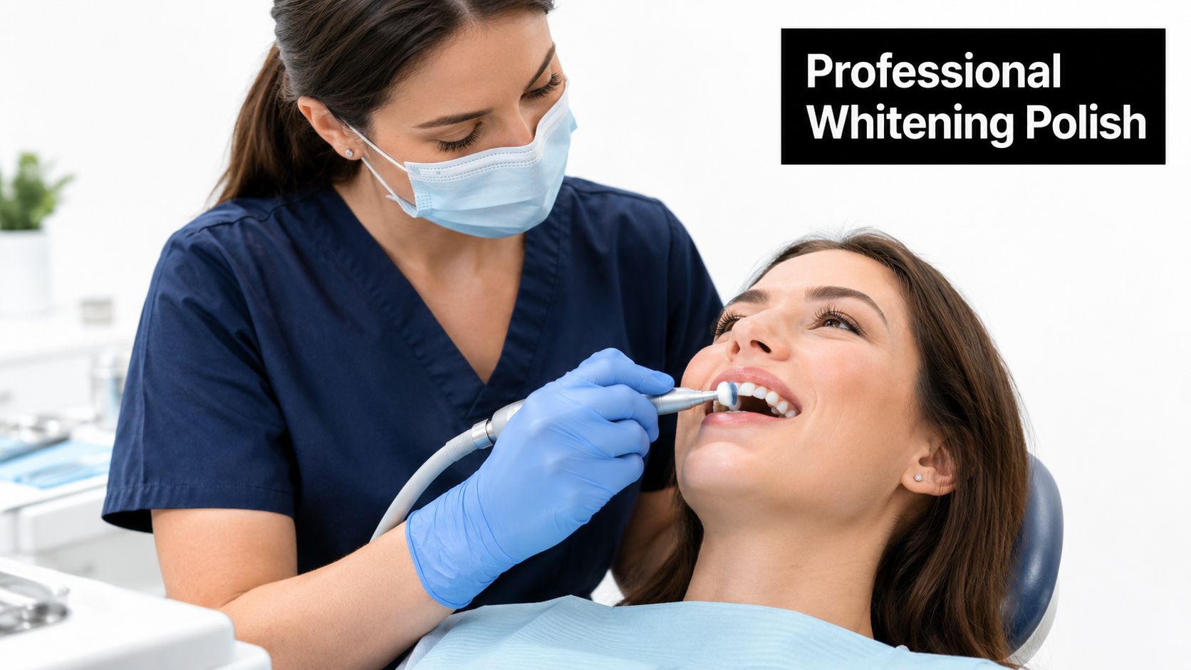 A professional dentist performing a whitening polish treatment on a female patient sitting in a dental chair.