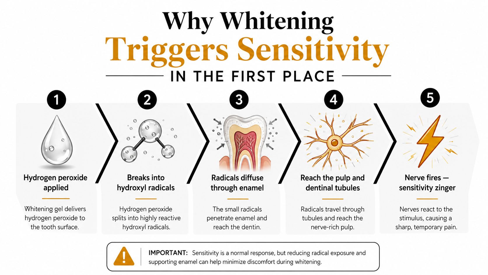 A diagram illustrating the five-step biological process of how teeth whitening treatments cause temporary nerve sensitivity.