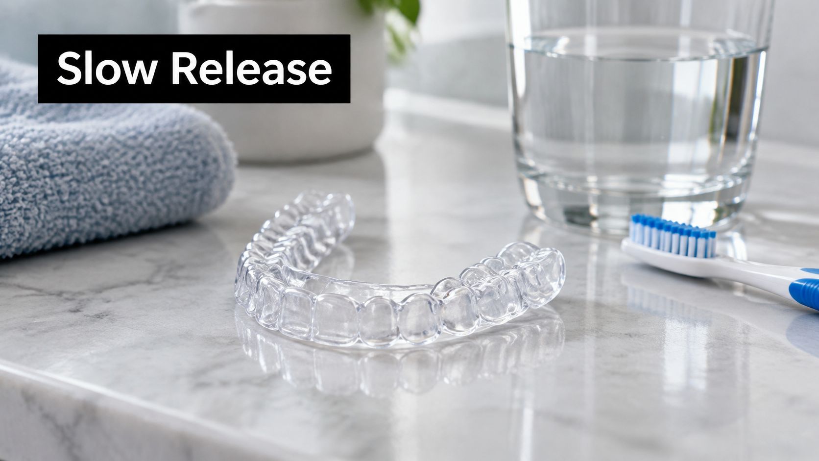 A clear dental aligner tray sits on a marble bathroom counter next to a toothbrush and water