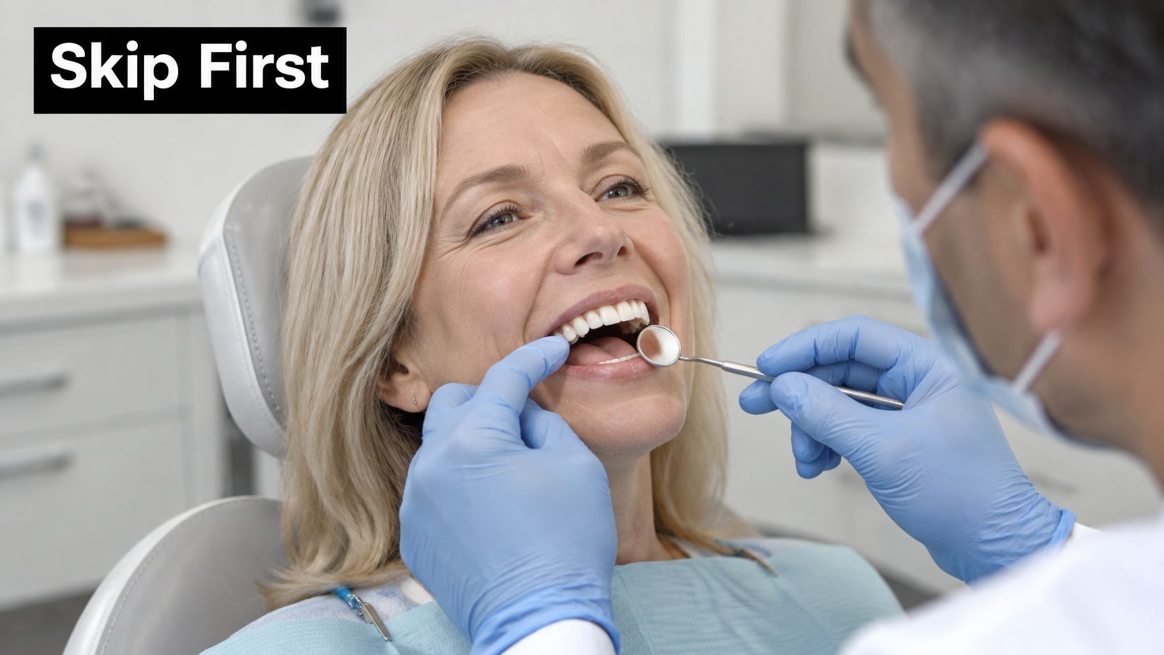 A female patient smiling while undergoing a professional dental exam by a dentist in a clinic.