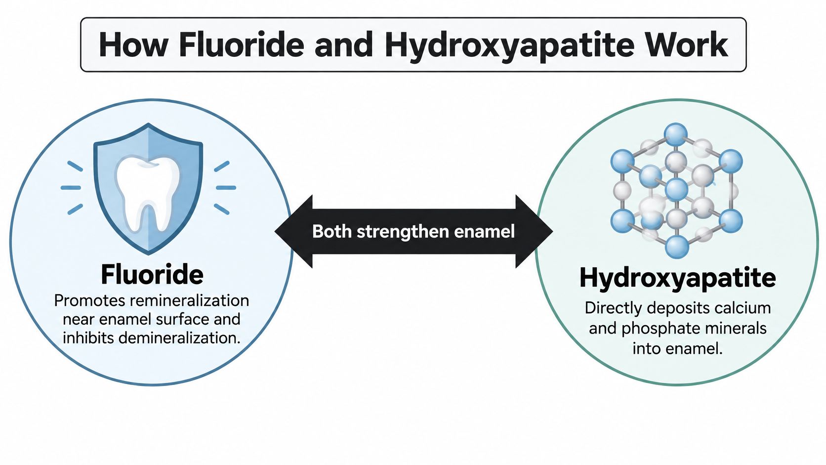 A diagram comparing how fluoride and hydroxyapatite help strengthen tooth enamel through different remineralization mechanisms.