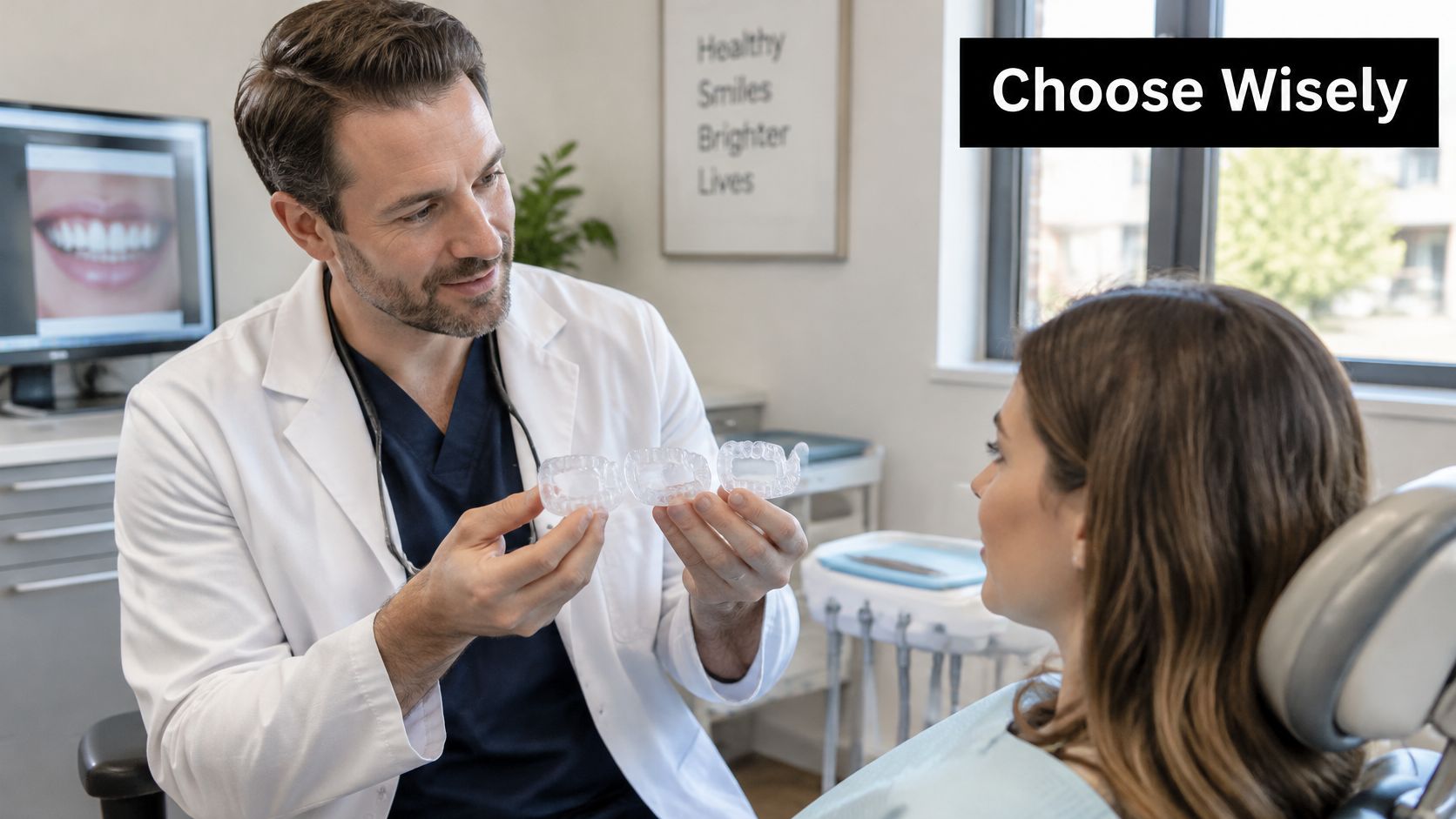A dentist shows clear dental aligners to a patient during a consultation in a bright clinic office.