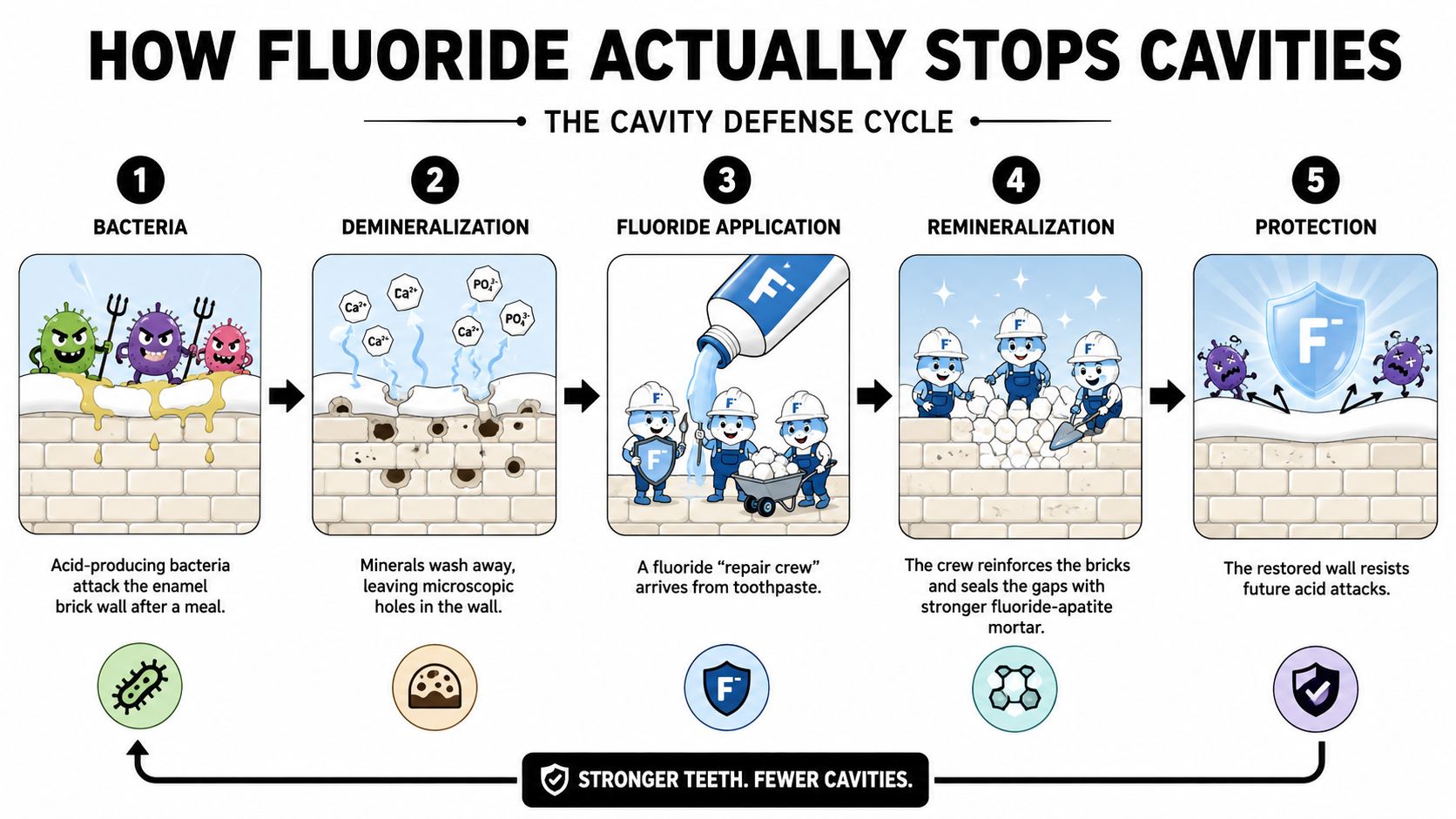 An infographic showing the five steps of the cavity defense cycle provided by fluoride toothpaste.