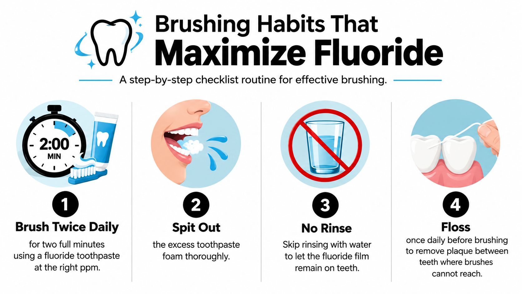 An infographic showing four steps for using fluoride toothpaste to maximize cavity protection and oral health.
